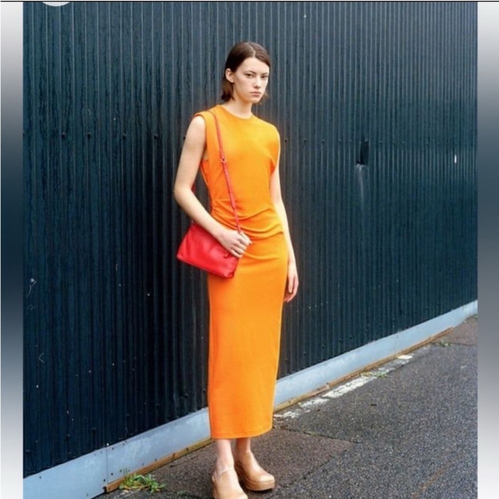Zara orange side draped midi dress with padded shoulders size XS